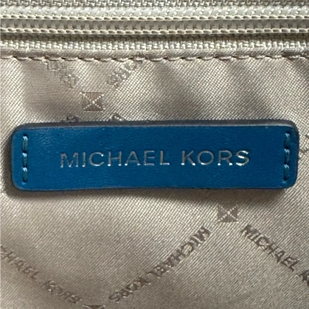 Michael Kors Kenly Brown Blue Lagoon MK Signature Large Tote Shoulder Bag Purse
